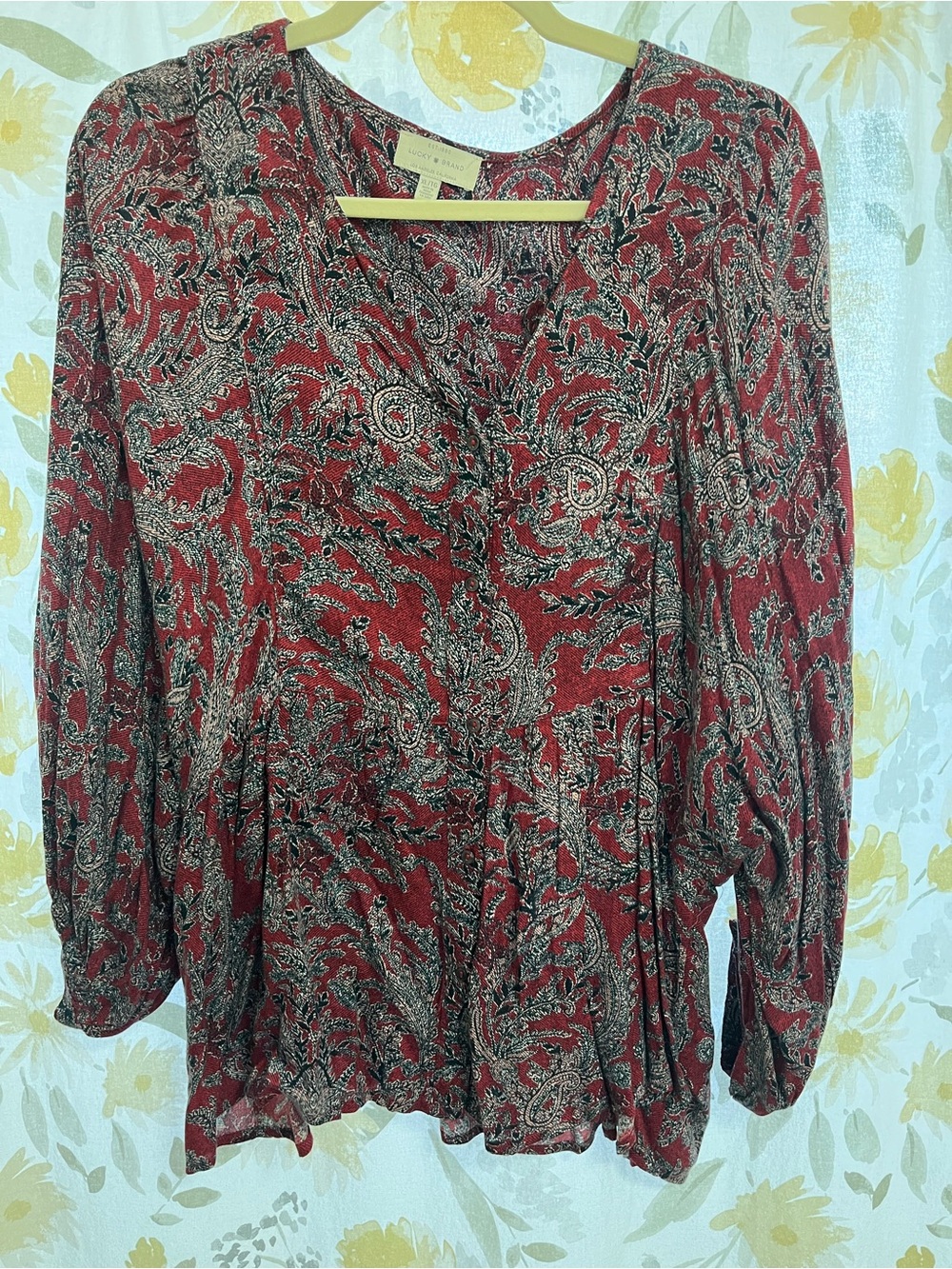 Lucky Brand Red Paisley V-Neck Long-Sleeve Blouse